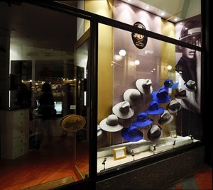 cappelli, vetrina, negozio, blu, porta, luci