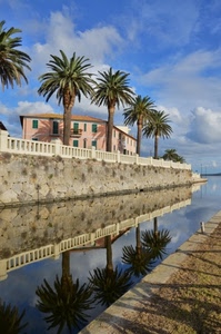palme, acqua, casa, nuvole, canale, cielo, riflessi, muro, alberi, riflesso, mare, balaustra, ombra, finestre