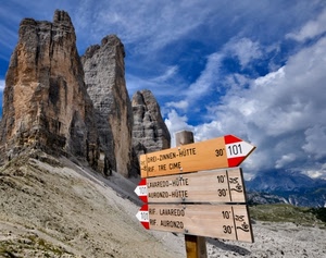 nuvole, cime, montagna, tre, cartelli, montagne, cielo, roccia, dolomiti