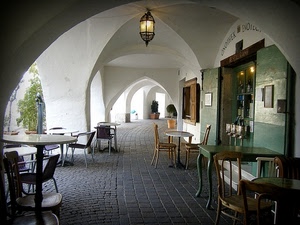 sedie, archi, tavolini, portico, lampione, tavoli, portici, bar, lampada