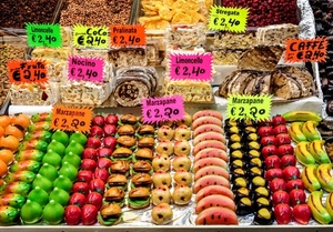 dolci, colori, frutta, esposizione, marzapane, prezzi, rosso, numeri, torroni, verde, cibo, cartellini
