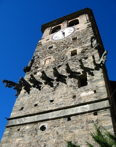 orologio, torre, cielo, finestre, lancette, azzurro, pietra, numeri, quadrante, feritoie, blu, rami