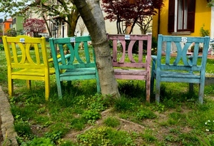 sedie, numeri, quattro, verde, giallo, colori, albero, giardino, prato, panchine, legno