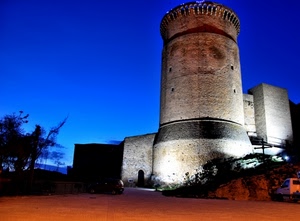 torre, castello, blu, cielo, notte, luci, notturno, alberi
