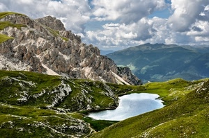 lago, nuvole, verde, montagna, montagne, rocce, panorama, paesaggio