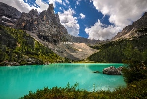 lago, nuvole, montagna, cielo, alberi, acqua, verde, montagne