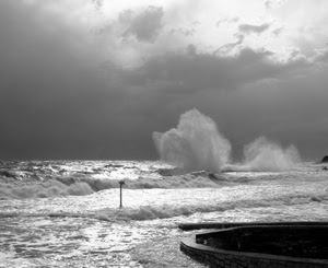 mare, onde, nuvole, bianconero, spruzzi, mosso, acqua, mareggiata, onda