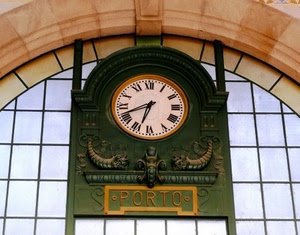 orologio, lancette, arco, numeri, vetrata, porto, verde