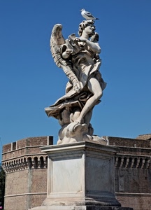 angelo, statua, gabbiano, ali, castello, marmo, piccione, cielo