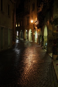 vicolo, portico, archi, lampione, strada, luce, sera, portici, luci