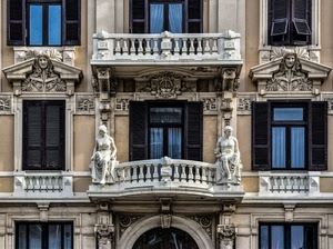 finestre, statue, balcone, balconi, vetri, palazzo, liberty, facciata