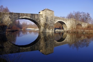 ponte, fiume, riflesso, alberi, archi, acqua, arcate