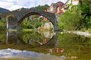 ponte, fiume, riflesso, riflessi, arco, acqua, case, alberi, borgo