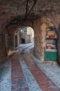 arco, vicolo, strada, vasi, curve, pietra, finestra, mattoni