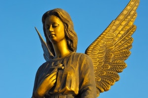 angelo, ali, oro, croce, cielo, statua, azzurro, mano