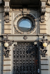 lampioni, cancello, ferro, cerchio, palazzo, vetro, lampade, decorazioni, rosone, liberty, sfere, metallo, finestra, architettura, numero