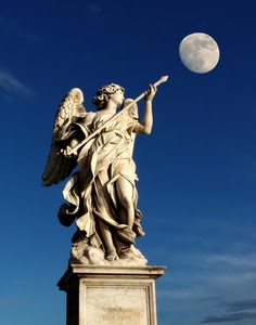 angelo, luna, cielo, statua, ali, lancia, marmo, azzurro, freccia