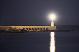 faro, luce, mare, notte, archi, riflesso, notturno, acqua, cielo