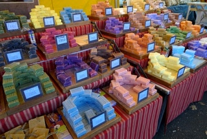 colori, saponette, giallo, azzurro, bancarella, mercato, esposizione, viola, saponi, multicolore, sapone