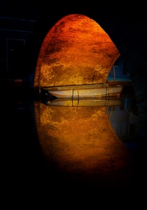 barca, ponte, riflesso, arco, luce, acqua, notte, notturno