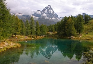 lago, alberi, riflesso, montagna, montagne, verde, riflessi, acqua, nuvole, panorama, neve