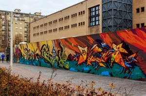 murales, finestre, palazzi, colori, muro, persone, strada, murale, lampione, palazzo, graffiti, dipinto, erba, rosso, due, fiori