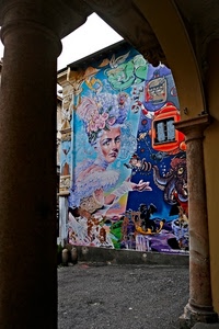 murales, colonne, arco, donna, murale, colori, disegno, colonna, finestra, portico, muro