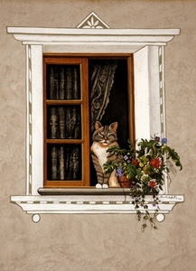 gatto, fiori, finestra, murales, tenda