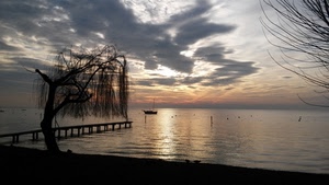 albero, barca, tramonto, pontile, mare, acqua, lago, nuvole, riflesso