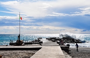 mare, bandiera, spiaggia, onde, molo, scogli, acqua, nuvole, ancora