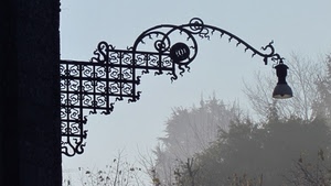 lampione, alberi, ferro, nebbia, battuto, lampada, cielo, albero