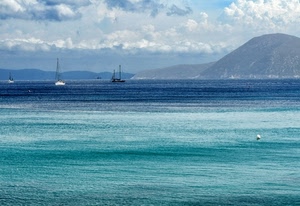 mare, nuvole, barche, acqua, azzurro, cielo, montagna, blu