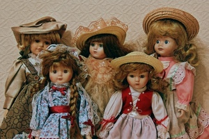 bambole, cappelli, vestiti, capelli, cinque, giocattoli, trecce, rosso, occhi, pizzo, rosa