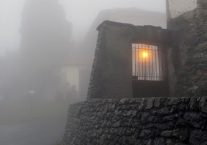 nebbia, cancello, luce, muro, lampione, pietre, foschia