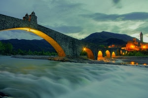 ponte, fiume, luci, acqua, archi, nuvole, cielo, campanile