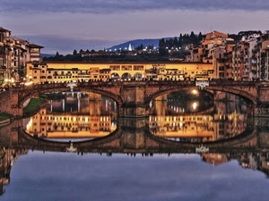 fiume, ponte, acqua, firenze, riflesso, luci, riflessi, archi, vecchio, palazzi, sera, cielo, case, arno