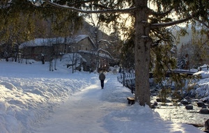 neve, inverno, albero, strada, case, montagna, ponte, alberi, bianco