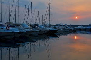 barche, porto, tramonto, riflesso, sole, mare, acqua, riflessi