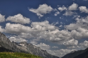 nuvole, cielo, montagna, montagne, erba, cime, prato, panorama, azzurro, neve