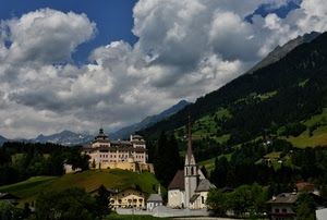 chiesa, nuvole, castello, montagna, campanile, montagne, verde, panorama, paesaggio, boschi, alberi