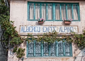 finestre, albergo, insegna, vasi, fiori, piante, rampicante, verde, finestra, tende
