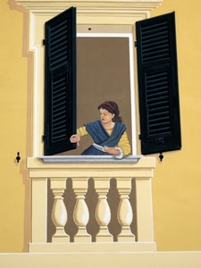 finestra, persiane, donna, murales, murale, colonne, balcone, muro
