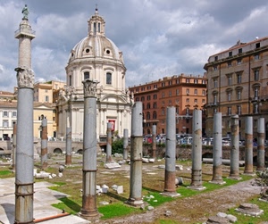 colonne, cupola, rovine, chiesa, palazzi, nuvole, cielo, roma, finestre, ruderi, statua, capitelli, verde, erba, case, antichità