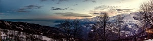 alberi, neve, montagne, panorama, cielo, mare, nuvole