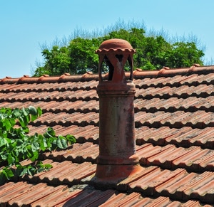 tetto, tegole, comignolo, foglie, verde, albero, pianta