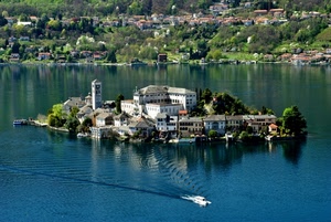 isola, lago, barca, campanile, case, acqua, paesaggio, alberi