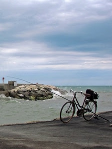 mare, bicicletta, canna, pesca, scogli, bici, cielo