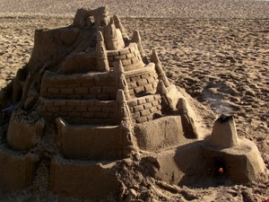 castello, sabbia, spiaggia, fuoco, fumo, torri, mare