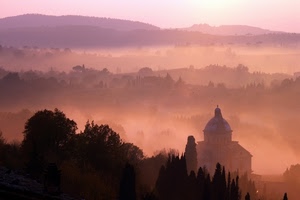 nebbia, chiesa, panorama, cupola, alberi, foschia, colline, rosa, tramonto, paesaggio