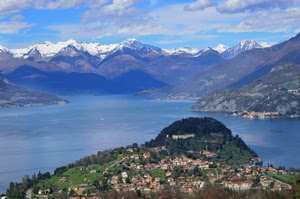 lago, paese, neve, montagne, panorama, montagna, acqua, nuvole, case